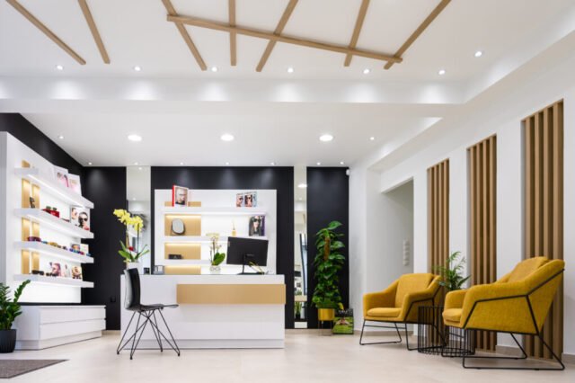 Modern optical store reception area with stylish decor