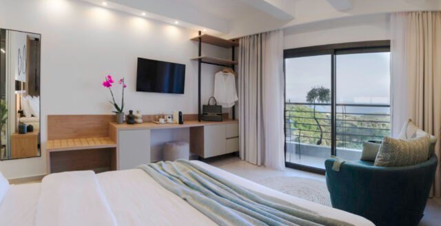 Modern bedroom with walk-in glass shower and wonderful views of Parga, Greece